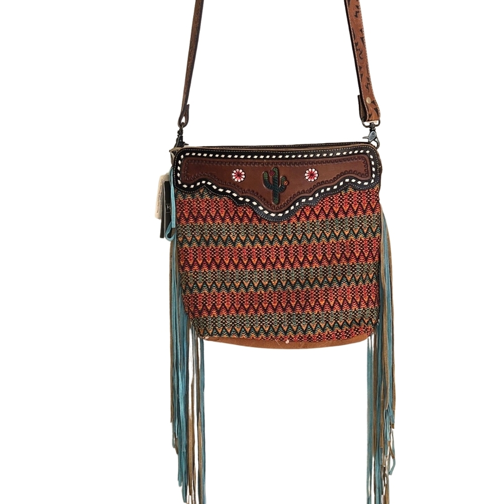 Myra Bags Southwestern Patterned Crossbody Bag with Fringe